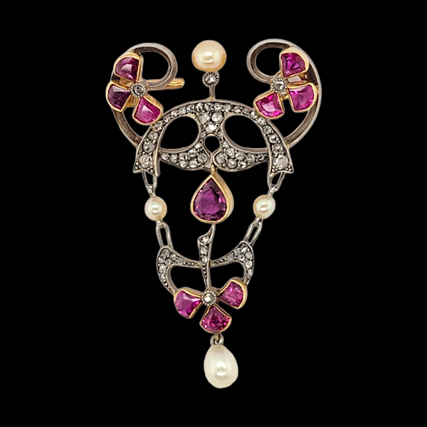 Fantastic art nouveau ruby, diamond and pearl pendant/brooch SKU: 5378 DBGEMS - image 1