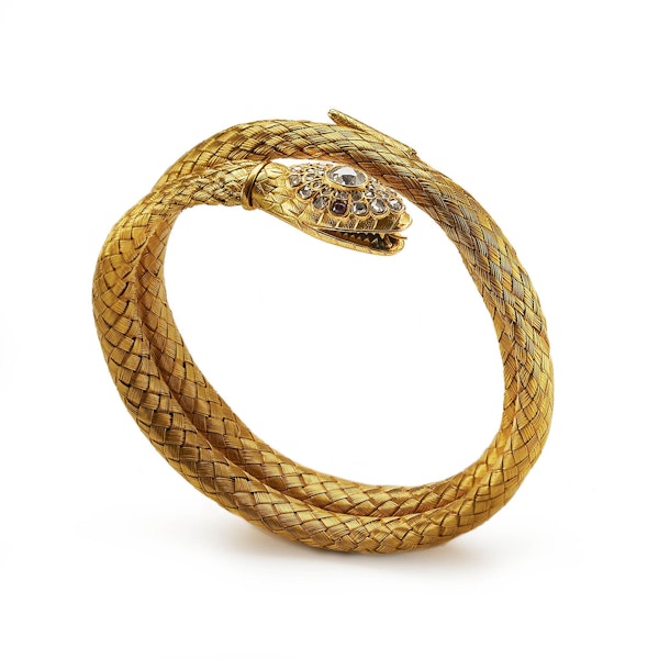 Antique Diamond, Ruby And Woven Gold Snake Bracelet, Circa 1870 - image 3