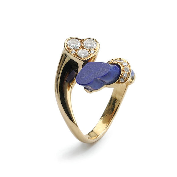 French Lapis Lazuli, Diamond And Gold Entwined Heart Crossover Ring, Circa 1990 - image 4