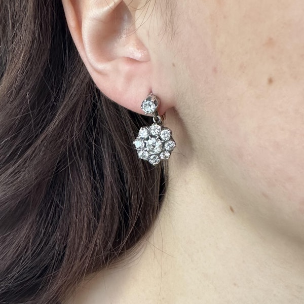Antique Diamond and Silver Upon Gold Cluster Earrings, Circa 1920, 3.84 Carats - image 2
