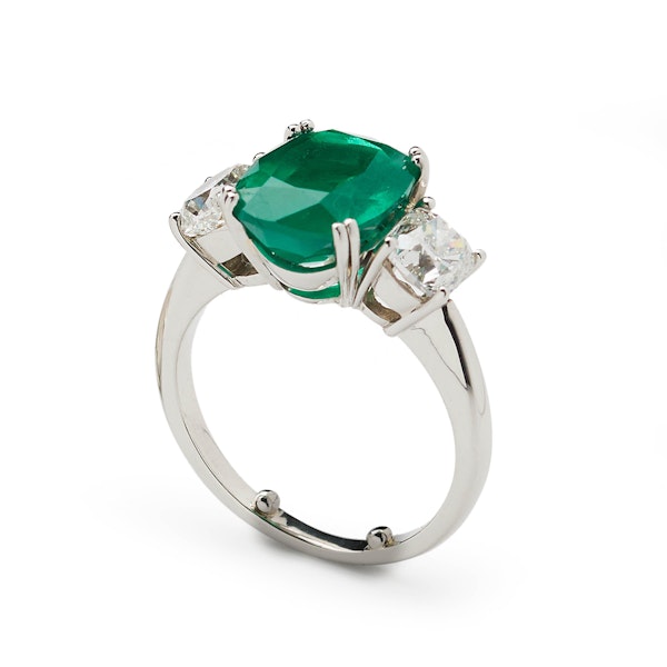 Cushion Emerald And Diamond Three Stone Ring, 5.18ct - image 2