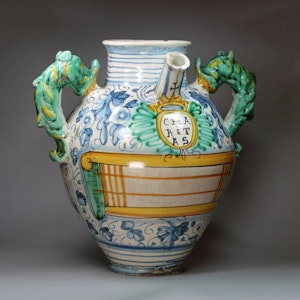 Italian Montelupo maiolica apothecary jar, 17th-18th century