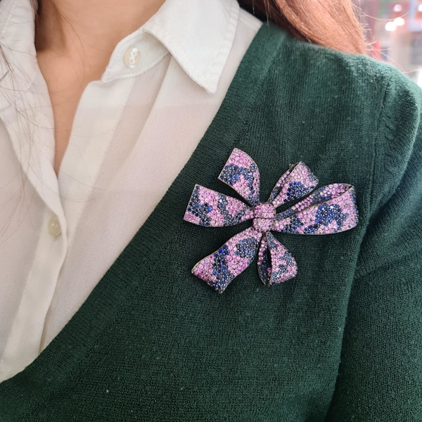 Moira Design Pink and Blue Sapphire Bow Brooch - image 2