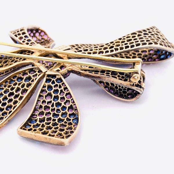 Moira Design Pink and Blue Sapphire Silver and Gold Bow Brooch - image 8