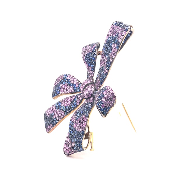 Moira Design Pink and Blue Sapphire Silver and Gold Bow Brooch - image 5