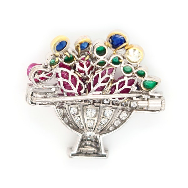 Vintage Diamond Ruby Sapphire and Emerald Jardiniére Brooch, Circa 1960 - image 4