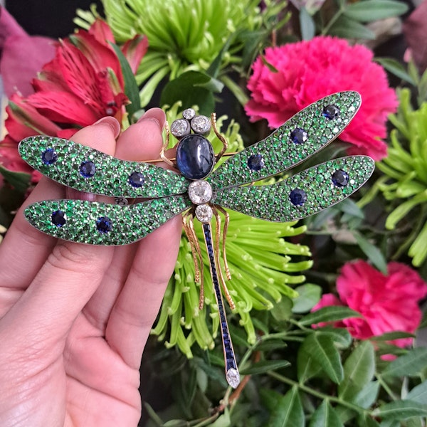 Moira Green Garnet, Diamond, Sapphire, Silver And Gold Dragonfly Brooch - image 4