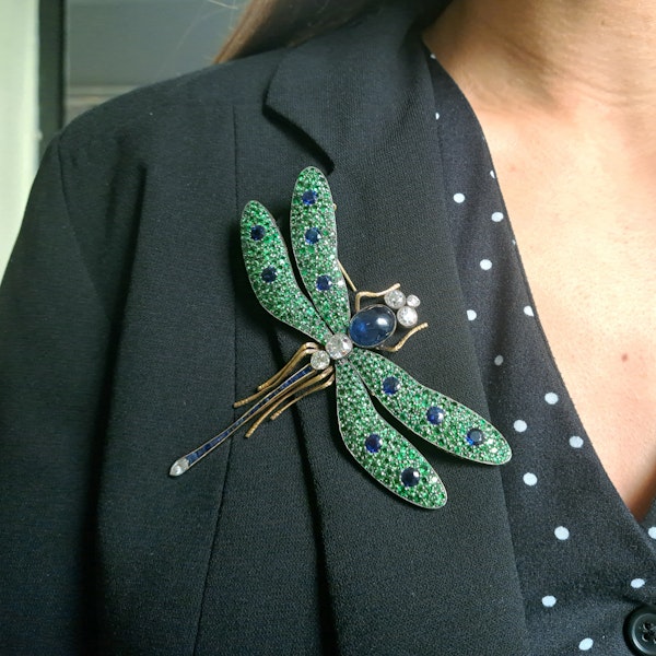 Moira Green Garnet, Diamond, Sapphire, Silver And Gold Dragonfly Brooch - image 3
