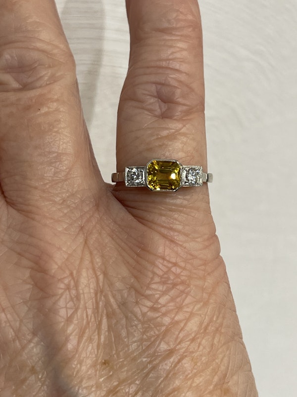Yellow sapphire and diamond 3 stone ring - image 5