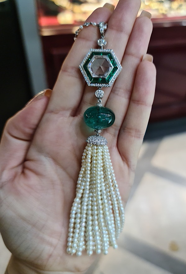 Emerald, Pearl, Diamond and Platinum Tassel Pendant Necklace - image 6