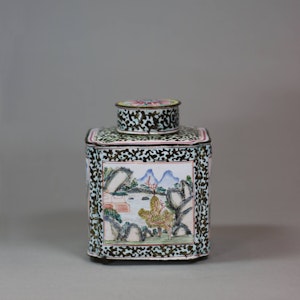 Chinese Canton enamel square-section tea canister and cover, Qianlong (1736-95)