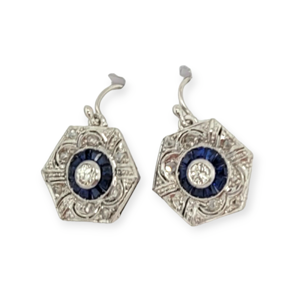 Pair of sapphire and diamond hexagonal art deco earrings SKU: 6342 DBGEMS - image 1