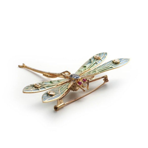 Modern Plique À Jour Enamel, Diamond, Ruby, Sapphire And Gold Dragonfly Brooch - image 3