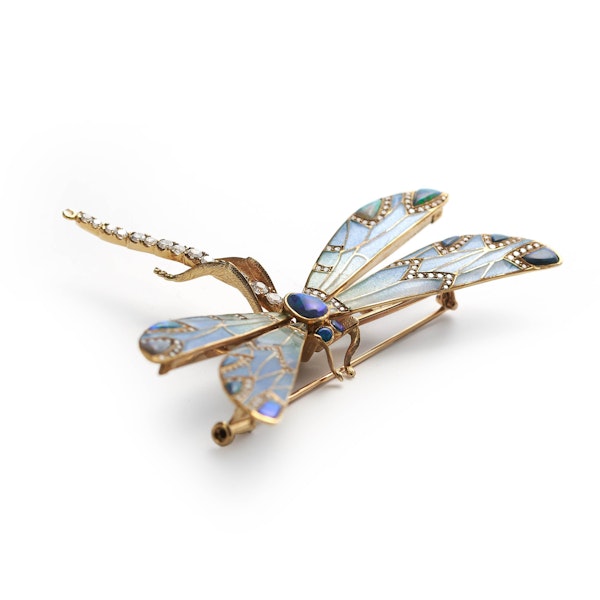Modern Plique À Jour Enamel, Opal, Diamond And Gold Dragonfly Brooch - image 3