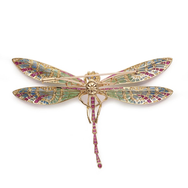 Modern Plique À Jour Enamel, Ruby, Diamond, Sapphire And Gold Dragonfly Brooch - image 4