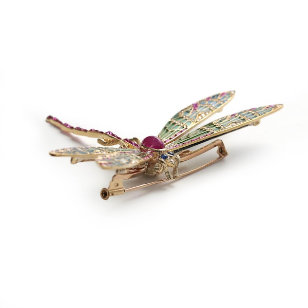 Modern Plique À Jour Enamel, Ruby, Diamond, Sapphire And Gold Dragonfly Brooch - image 3