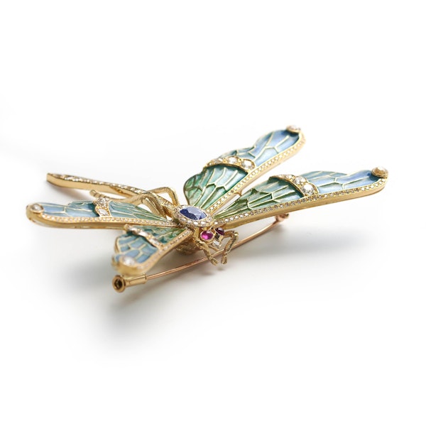 Modern Plique À Jour Enamel, Diamond, Sapphire, Ruby And Gold Dragonfly Brooch - image 3