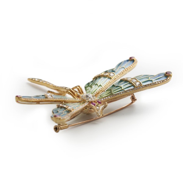 Modern Plique À Jour Enamel, Ruby, Diamond And Gold Dragonfly Brooch - image 3
