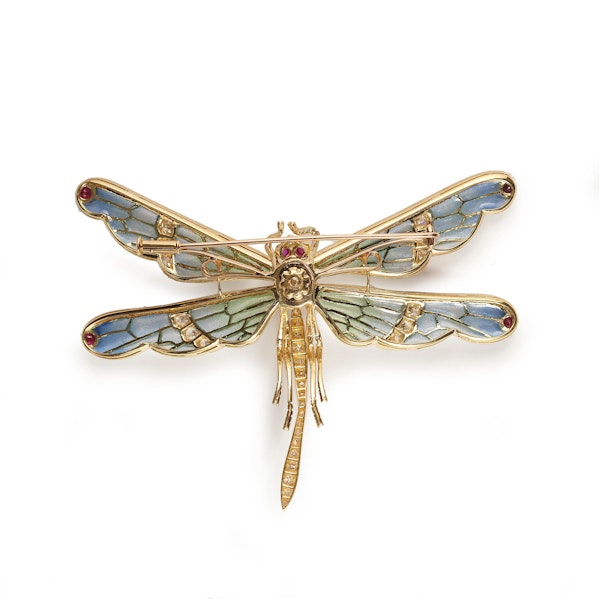 Modern Plique À Jour Enamel, Ruby, Diamond And Gold Dragonfly Brooch - image 4