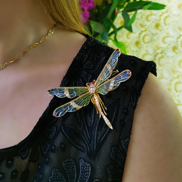 Modern Plique À Jour Enamel, Ruby, Diamond And Gold Dragonfly Brooch - image 2