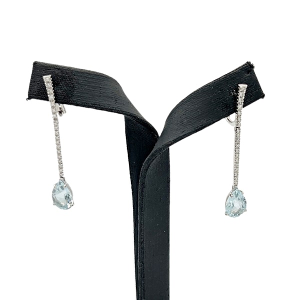 18K White Gold pair of Pendant Earrings with Diamond and Aquamarine - image 1