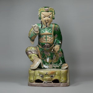 Chinese famille verte biscuit figure of Guandi, the God of War, Kangxi (1662-1722)