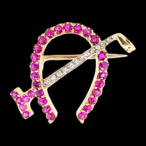 Antique Ruby and diamond horse shoe and crop brooch SKU: 6454 DBGEMS - image 1