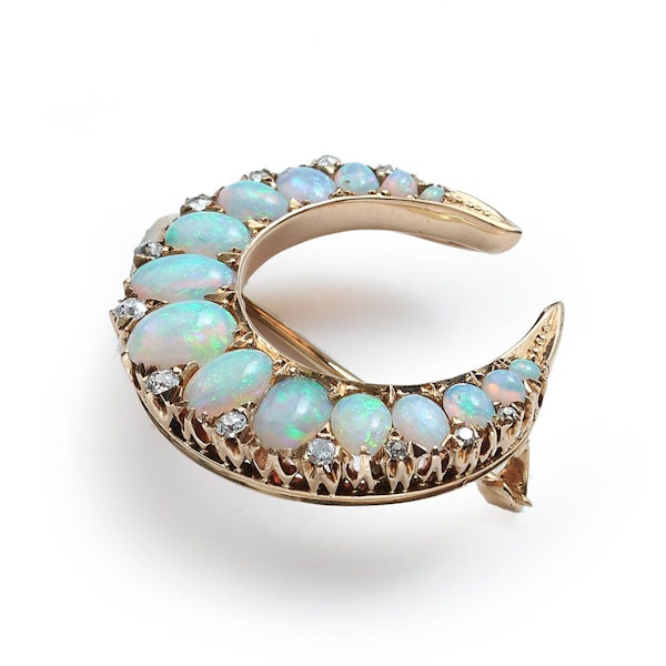 Victorian Opal Diamond and Gold Crescent Brooch, Circa 1880 - image 3