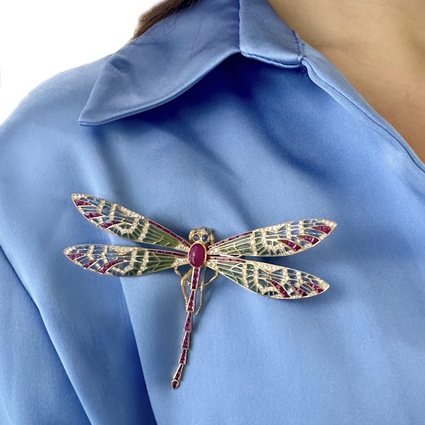 Modern Plique À Jour Enamel, Ruby, Diamond, Sapphire And Gold Dragonfly Brooch - image 5