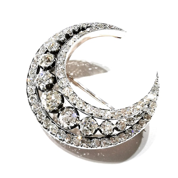 Antique Diamond Silver and Gold Crescent Brooch, Circa 1890, 8.55 Carats - image 6