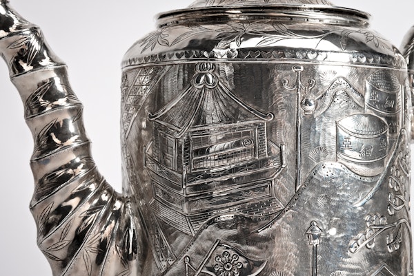 A large Chinese silver coffee pot with repousse decoration depicting scenes relating to the Japanese occupation of Port Arthur following the Russo Japanese war of 1904-05 - image 1
