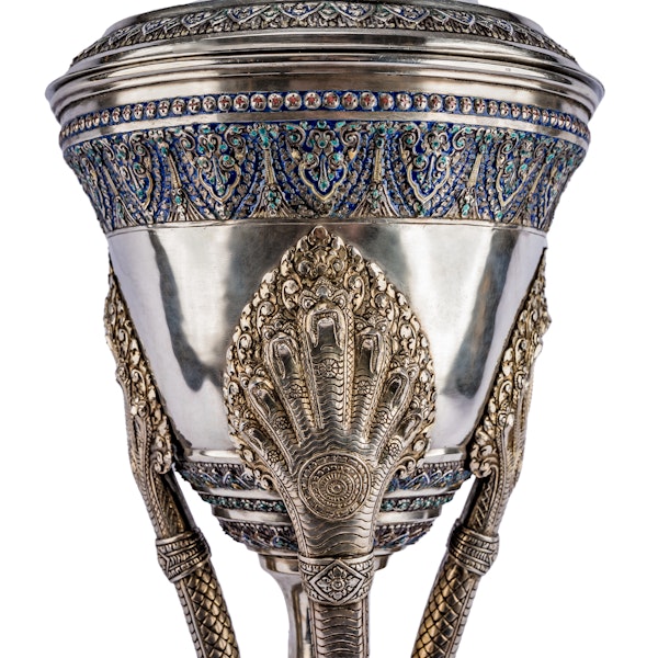 An exceptional late 19th century Cambodian silver and enamel funerary urn of traditional form - image 3