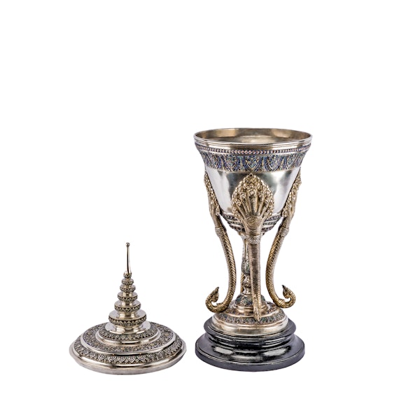 An exceptional late 19th century Cambodian silver and enamel funerary urn of traditional form - image 4