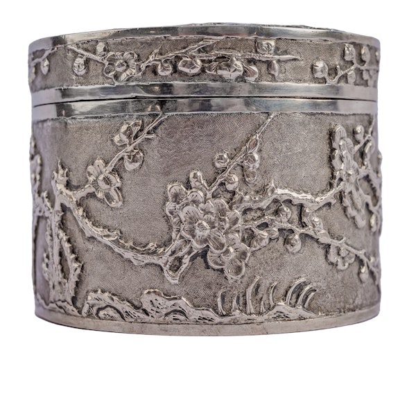 Antique Chinese Silver Circular Box with Lid and Plum Blossom Ornament - circa 1900 - image 3
