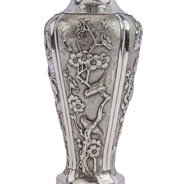 Antique Chinese Silver Vase,  Classic Meiping Shape,  Repousse & Chased Scenic Panels, c.1900 - image 2