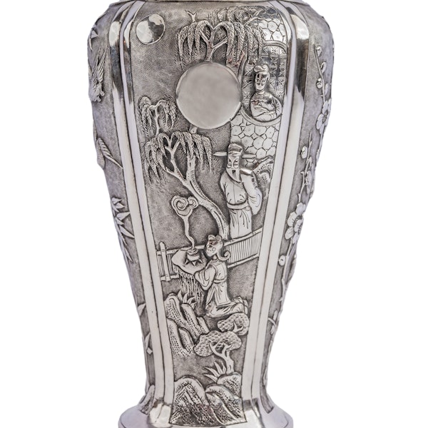Antique Chinese Silver Vase,  Classic Meiping Shape,  Repousse & Chased Scenic Panels, c.1900 - image 3