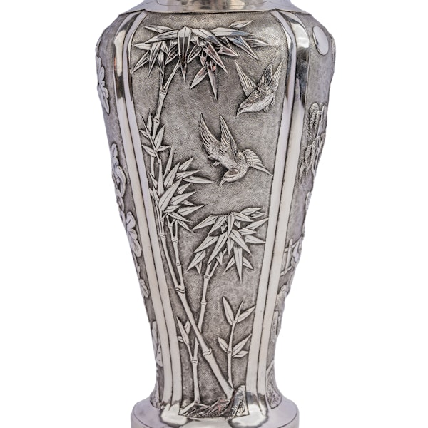 Antique Chinese Silver Vase,  Classic Meiping Shape,  Repousse & Chased Scenic Panels, c.1900 - image 4