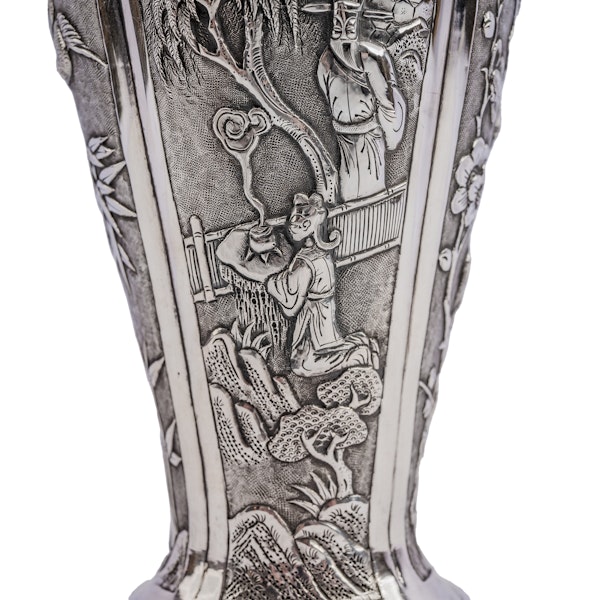 Antique Chinese Silver Vase,  Classic Meiping Shape,  Repousse & Chased Scenic Panels, c.1900 - image 5