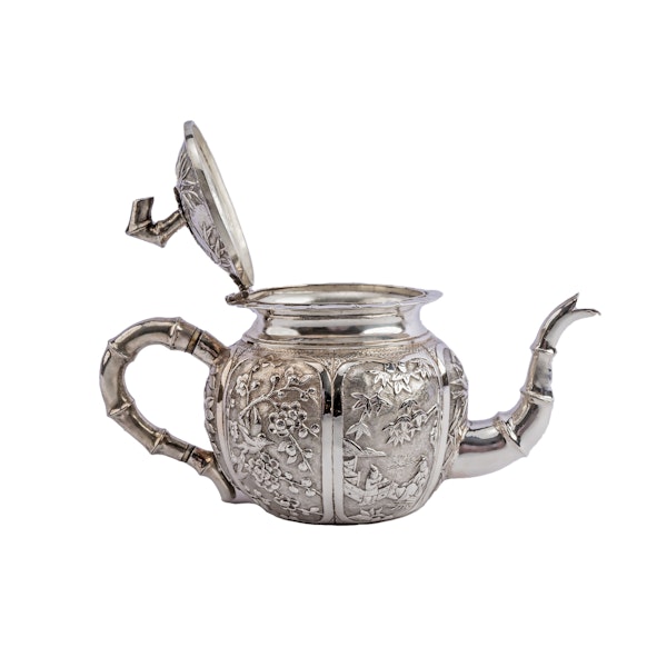Antique Chinese Silver Teapot with decorative repousse panels and bamboo elements c.1890 - image 1
