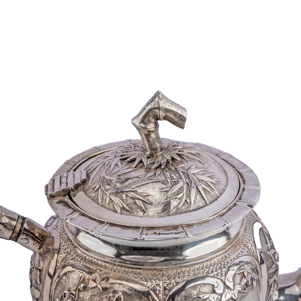 Antique Chinese Silver Teapot with decorative repousse panels and bamboo elements c.1890 - image 5