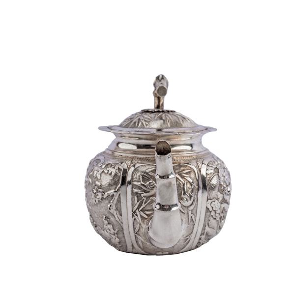 Antique Chinese Silver Teapot with decorative repousse panels and bamboo elements c.1890 - image 3