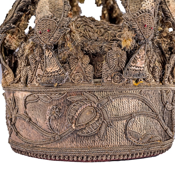 Antique Indian Crown Style Cap, Silver Gilt and Embroidered, Lucknow c. 1855 Lucknow Crown - image 2
