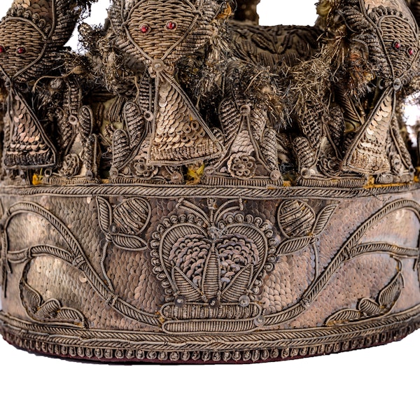 Antique Indian Crown Style Cap, Silver Gilt and Embroidered, Lucknow c. 1855 Lucknow Crown - image 3