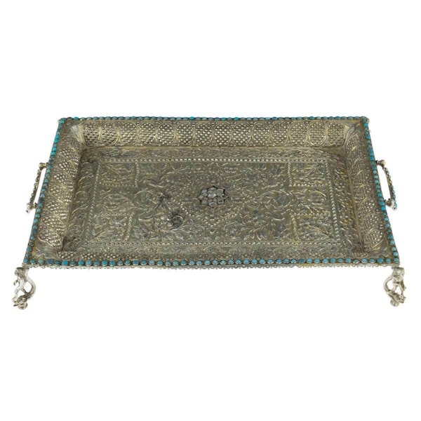 Antique Mughal Silver Gilt Betel Pandan Tray, Turquoise Stones, India – 1750 - image 3