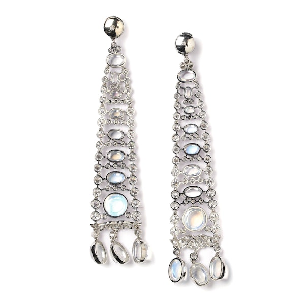 Modern Moonstone, Diamond And Platinum Drop Earrings - image 6