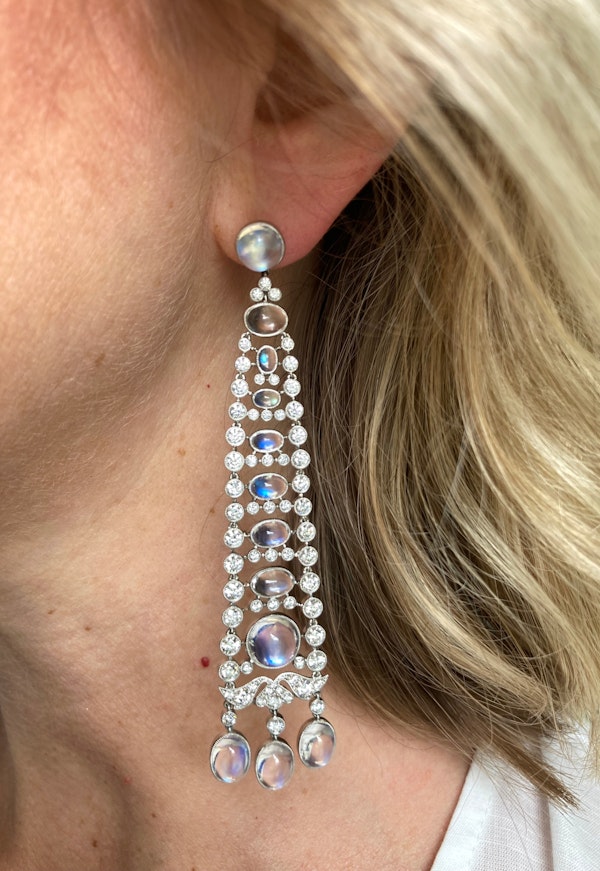 Modern Moonstone, Diamond And Platinum Drop Earrings - image 4