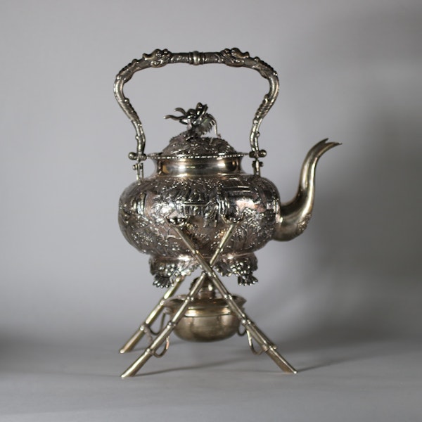 A Fine Chinese export silver tea kettle, burner and stand, c.1900 - image 3