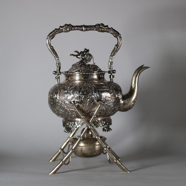 A Fine Chinese export silver tea kettle, burner and stand, c.1900 - image 1