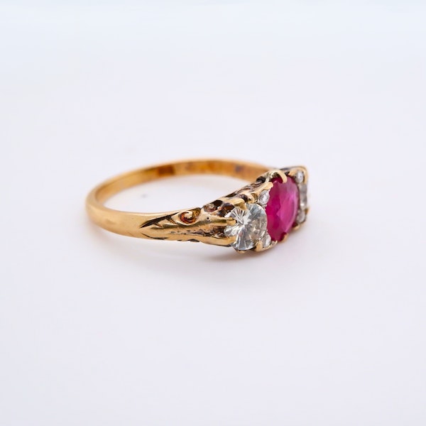Antique ruby and diamond carved half hoop gold ring - image 2