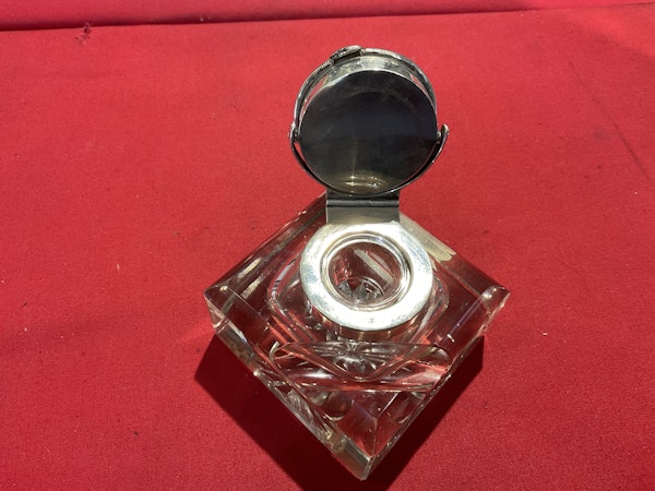 A silver and glass inkwell with a watch inserted - image 3